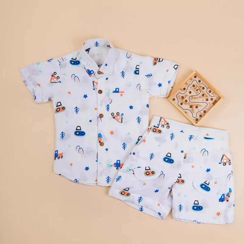 Boy's Printed Cotton Shirt & Shorts Combo